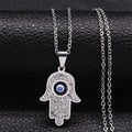 Långt halsband med skyddshänge med onda ögat och arabisk Hand of Fatima i silverfärg