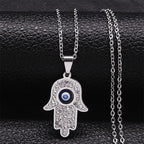 Långt halsband med skyddshänge med onda ögat och arabisk Hand of Fatima i silverfärg