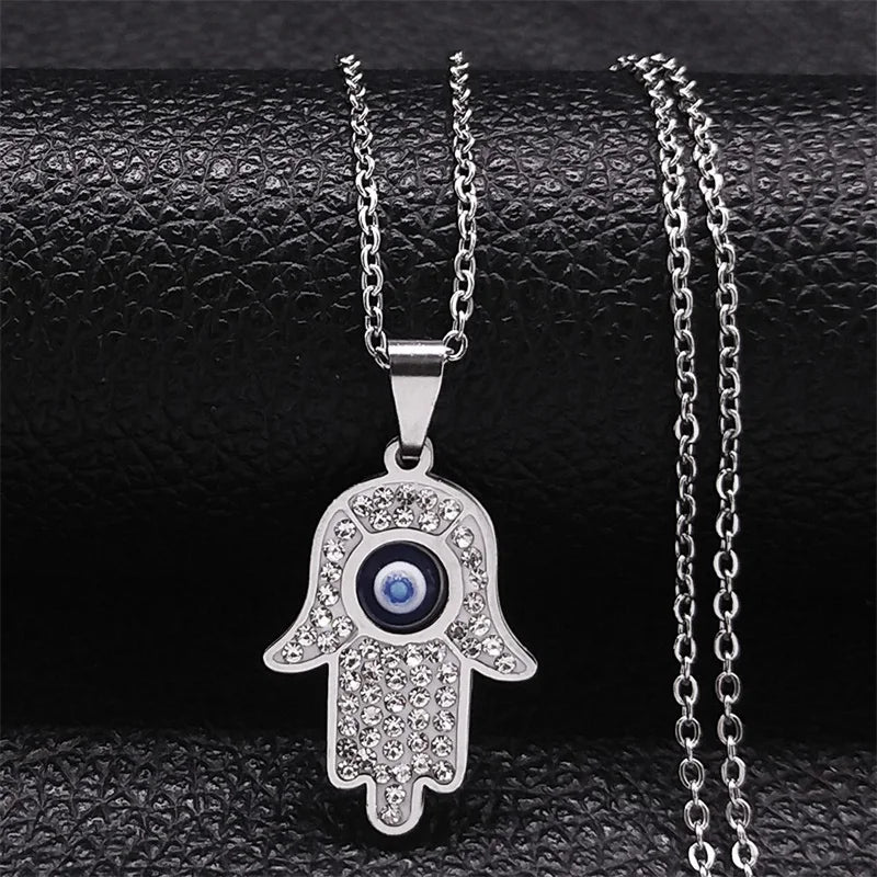 Långt halsband med skyddshänge med onda ögat och arabisk Hand of Fatima i silverfärg