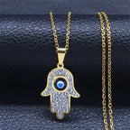Långt halsband med skyddshänge med onda ögat och arabisk Hand of Fatima i guldfärg