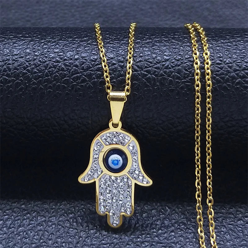 Långt halsband med skyddshänge med onda ögat och arabisk Hand of Fatima i guldfärg