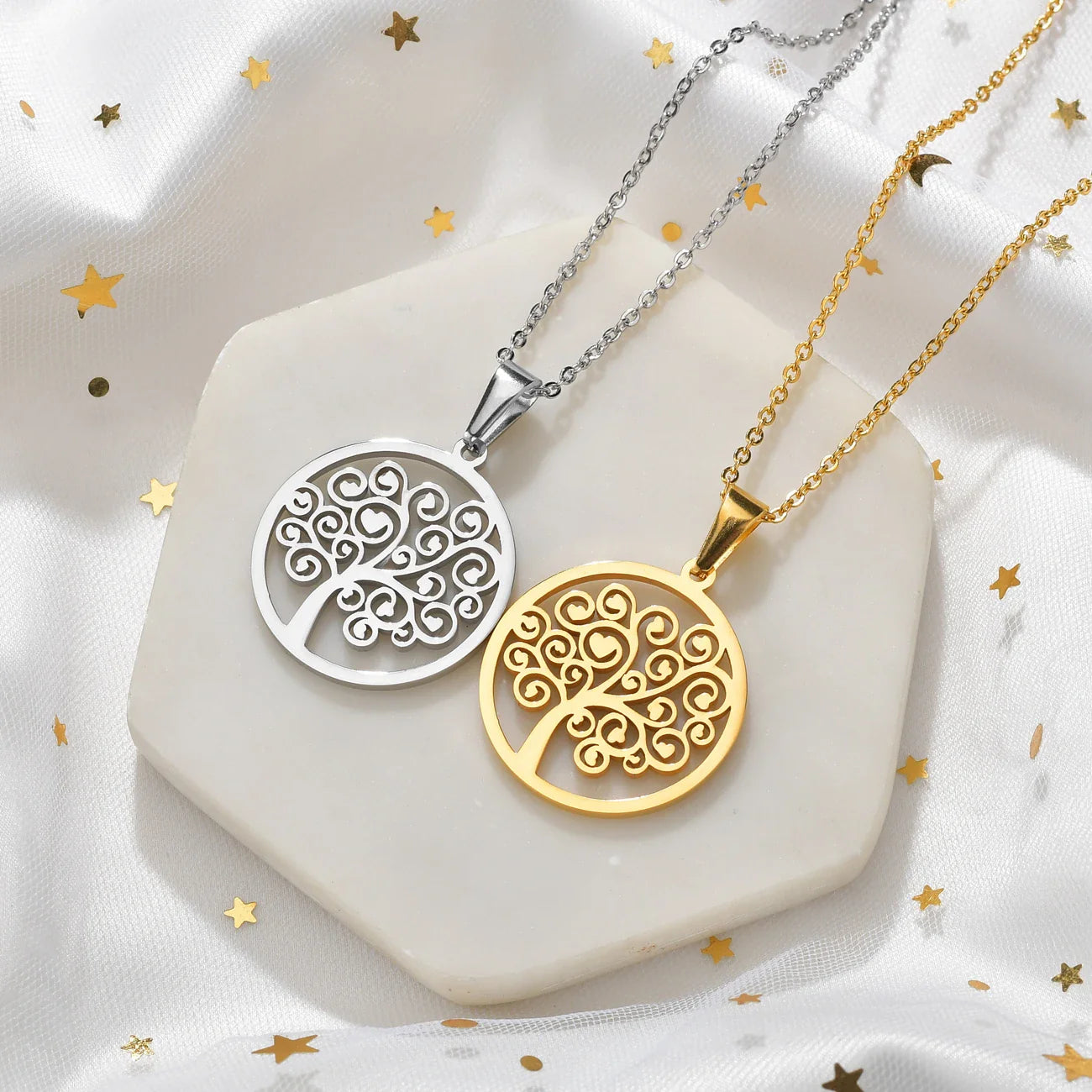 Collier avec Pendentif Rond Arbre de Vie pour Femme or