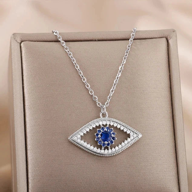 Collier Avec Pendentif Zircon Contre Mauvais Oeil Bleu Turc argent