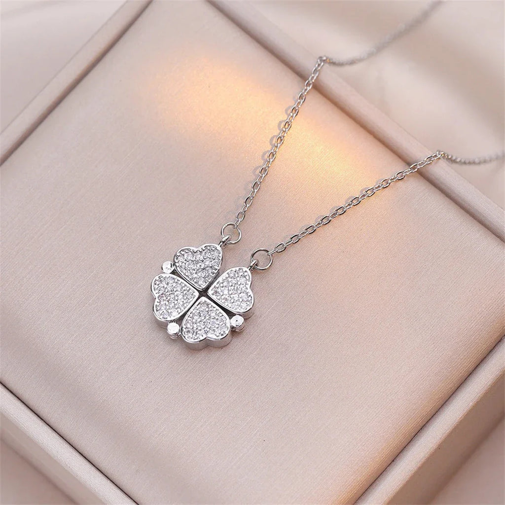 Collier Ras de Cou avec Pendentifs Coeurs Trèfle à 4 Feuilles pour Femme argent