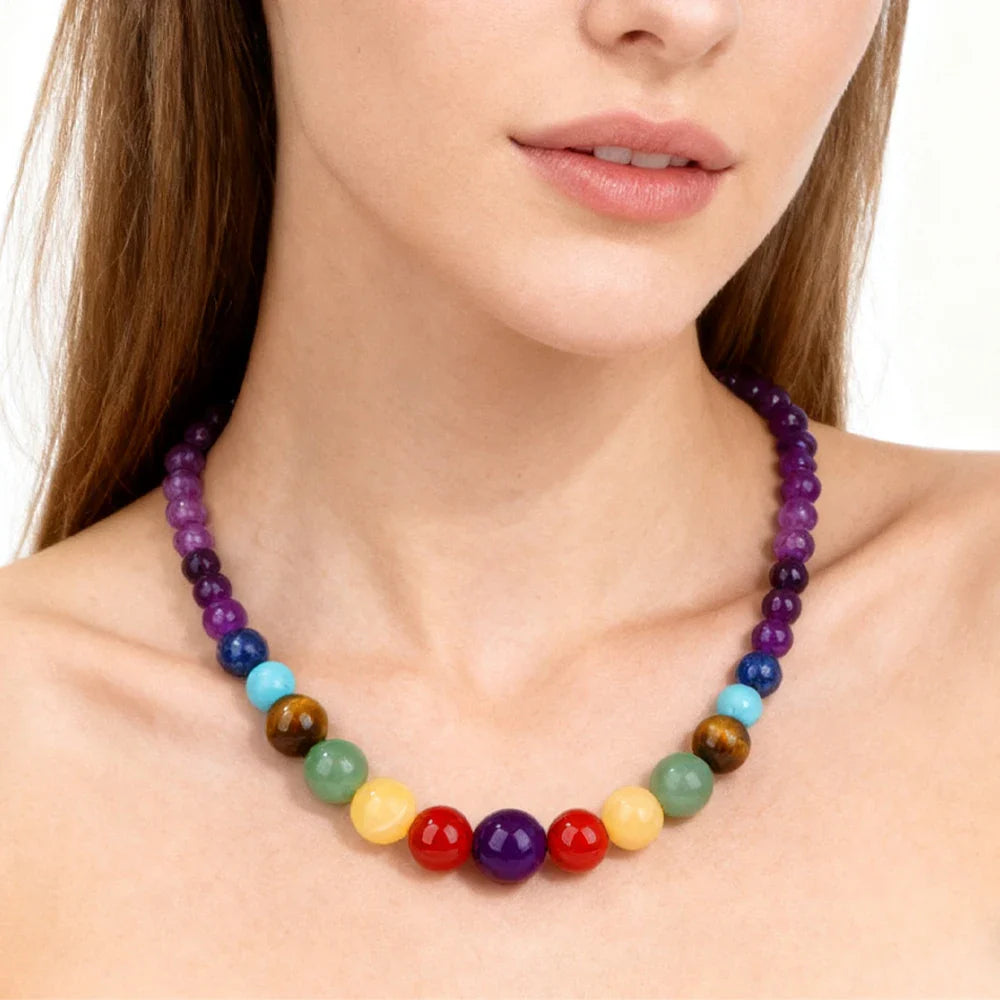 Collier de Protection avec Pendentif en Pierres 7 Chakras améthyste