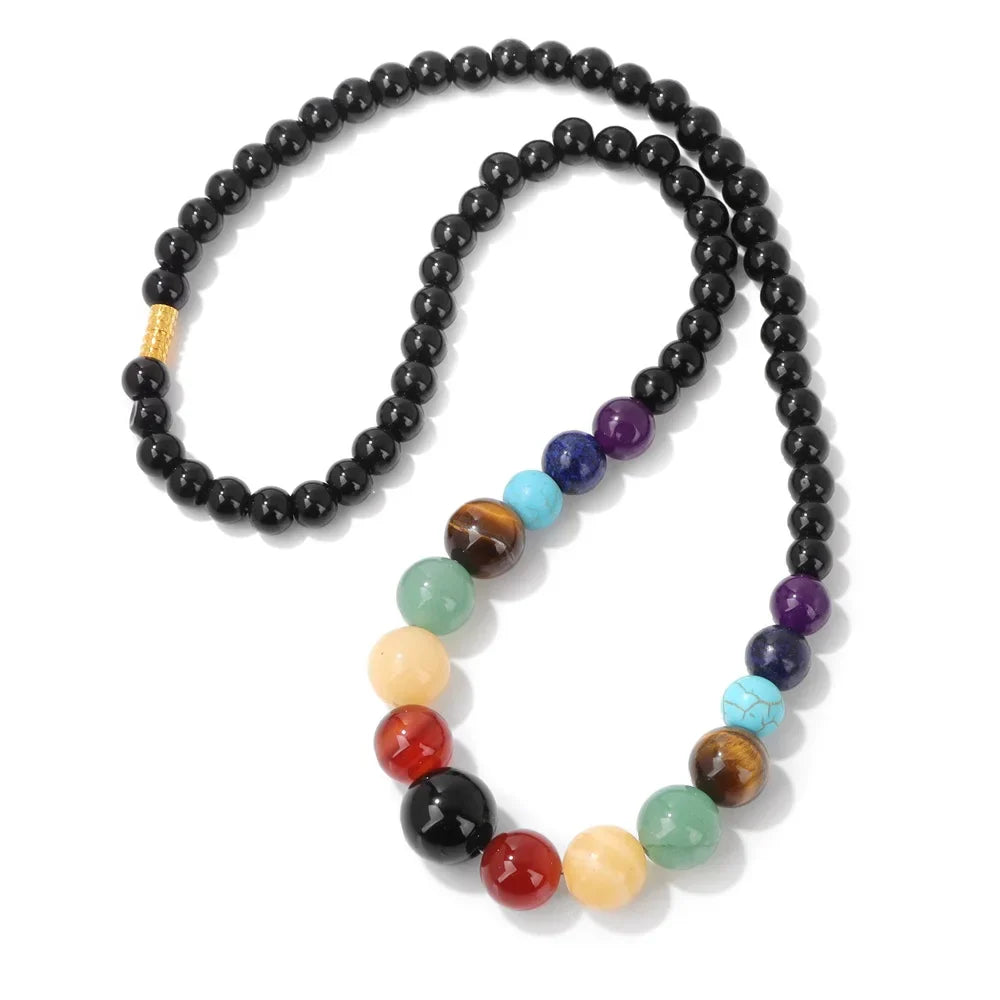 Collier de Protection avec Pendentif en Pierres 7 Chakras onyx noir