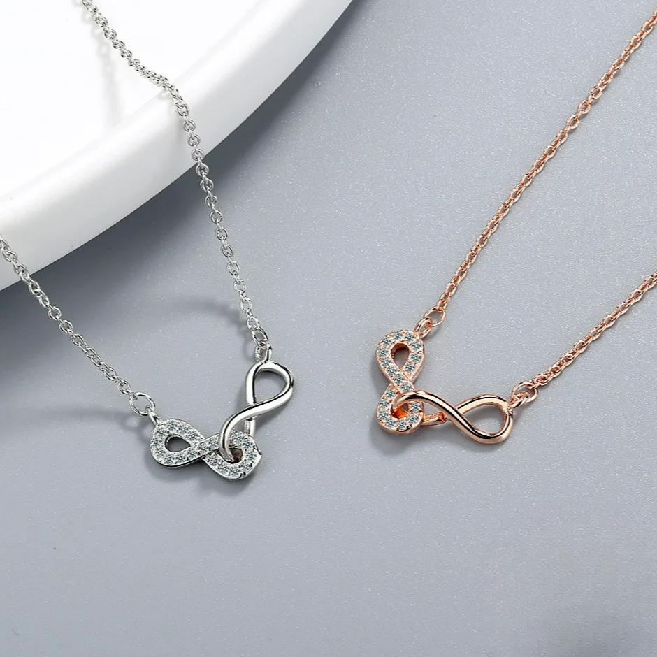 Collier Double Pendentif Infini et Zircon or rose
