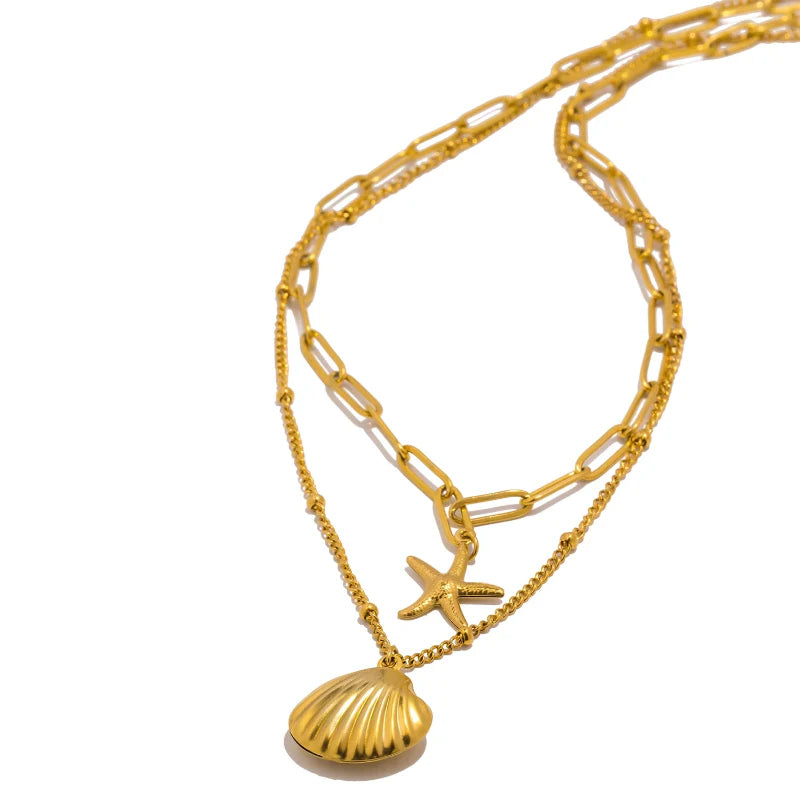 Collier Double Rang Pendentifs Coquillages Coquille Saint-Jacques et Etoile de Mer