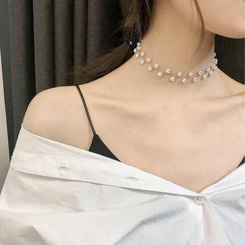 Originalt Choker Halskæde med hvide perler sølv