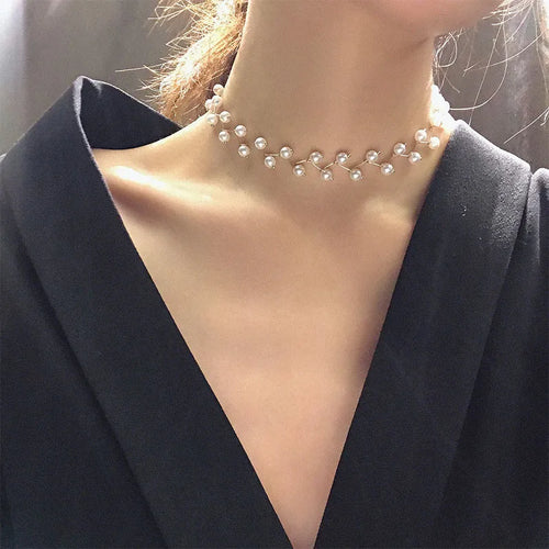 Originalt Choker Halskæde med hvide perler sølv