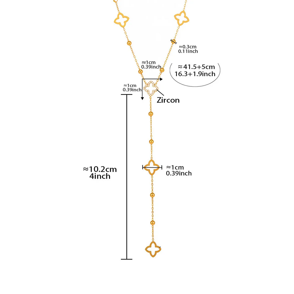 Dlouhý náhrdelník s přívěsky čtyřlístku a zirkonem