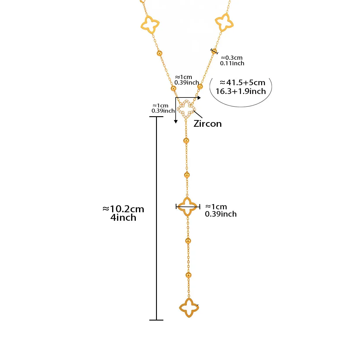 Dlouhý náhrdelník s přívěsky čtyřlístku a zirkonem