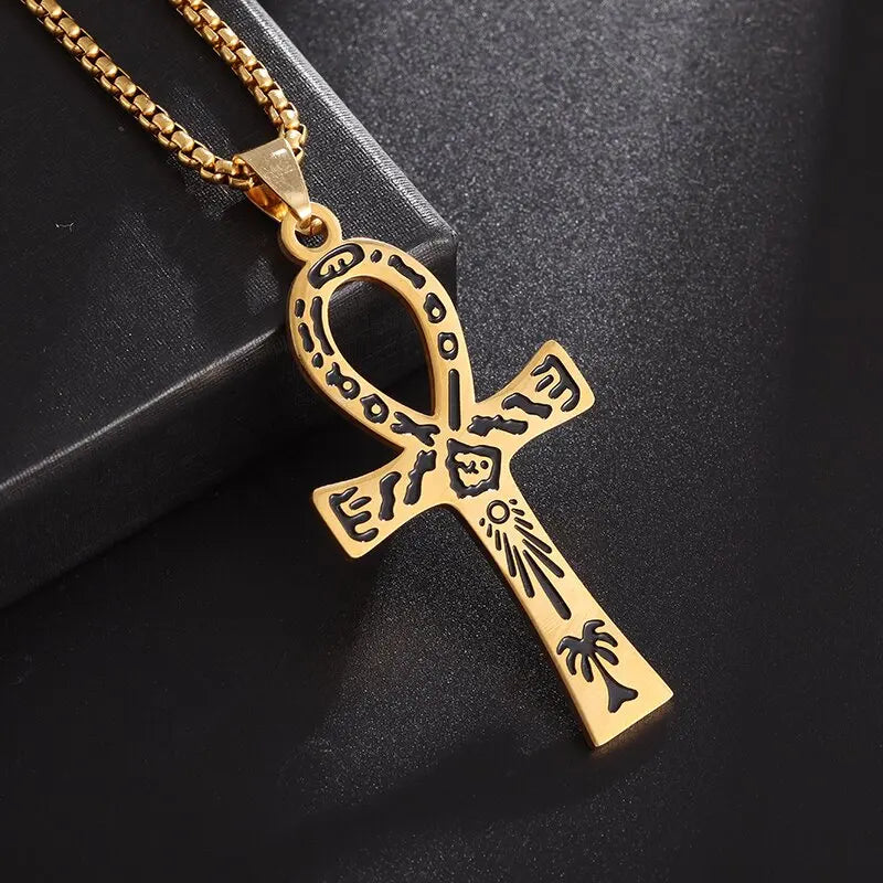 Halskæde Vedhæng Amulet Ankh Kors Egypten guld stil 2