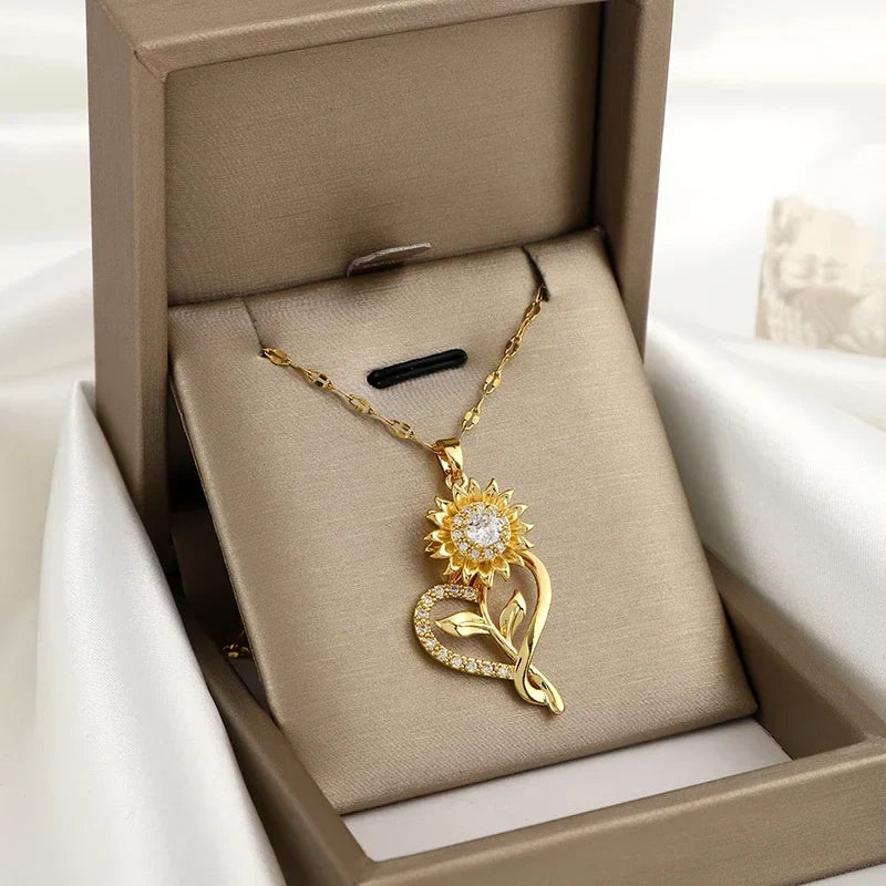 Collier Pendentif avec Coeur et Fleur de Tournesol Tournant Anti-Stress