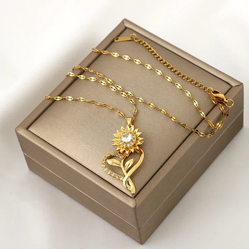 Collier Pendentif avec Coeur et Fleur de Tournesol Tournant Anti-Stress