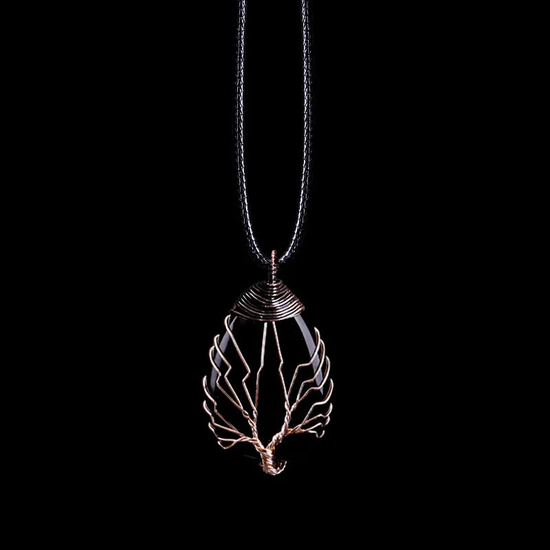 Collier Pendentif Boule Pierre Naturelle Arbre de Vie agathe noir