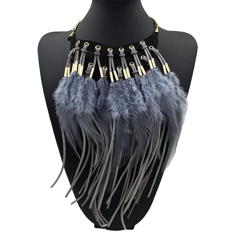 Collier Pendentif Ras de Cou Ethnique Plume gris