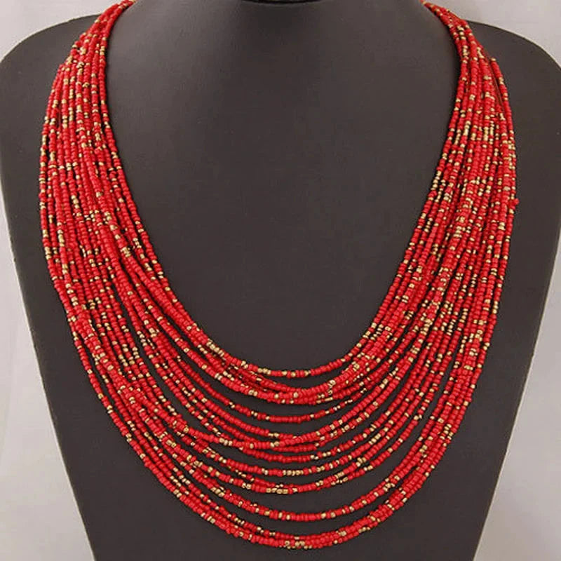 Collier Pendentif Ethniques Africains Multirangs rouge