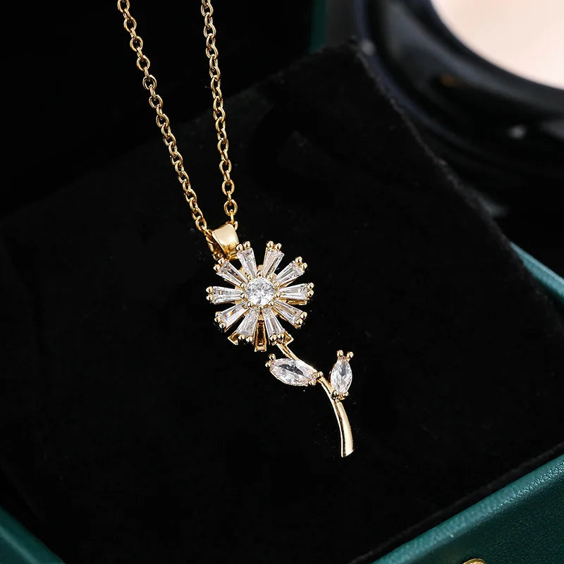 Halskæde med roterende solsikkeblomst vedhæng, anti-stress guld