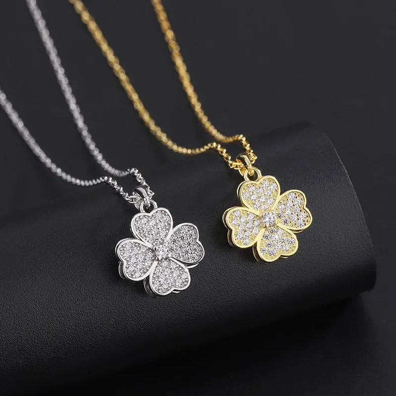 Collier Pendentif Fleur en Zircon Tournante Anti-Stress argent