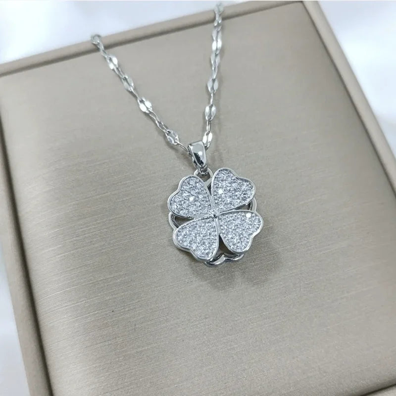 Collier Pendentif Fleur en Zircon Tournante Anti-Stress argent