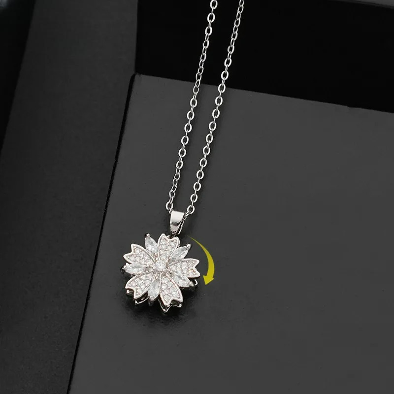 Collier Pendentif  Fleur en Zircon Tournante Anti-Stress argent