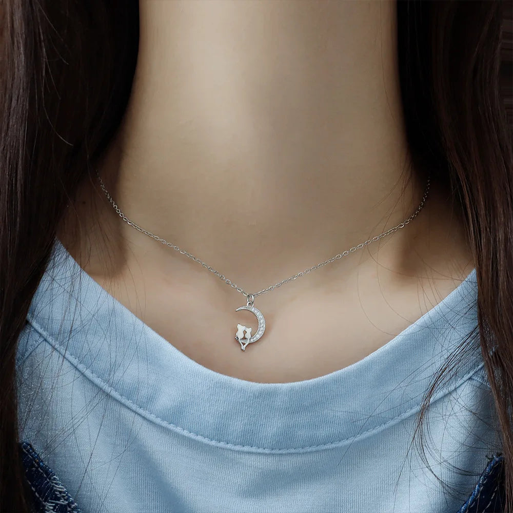Collier Pendentif Lune et Chats avec Crystal