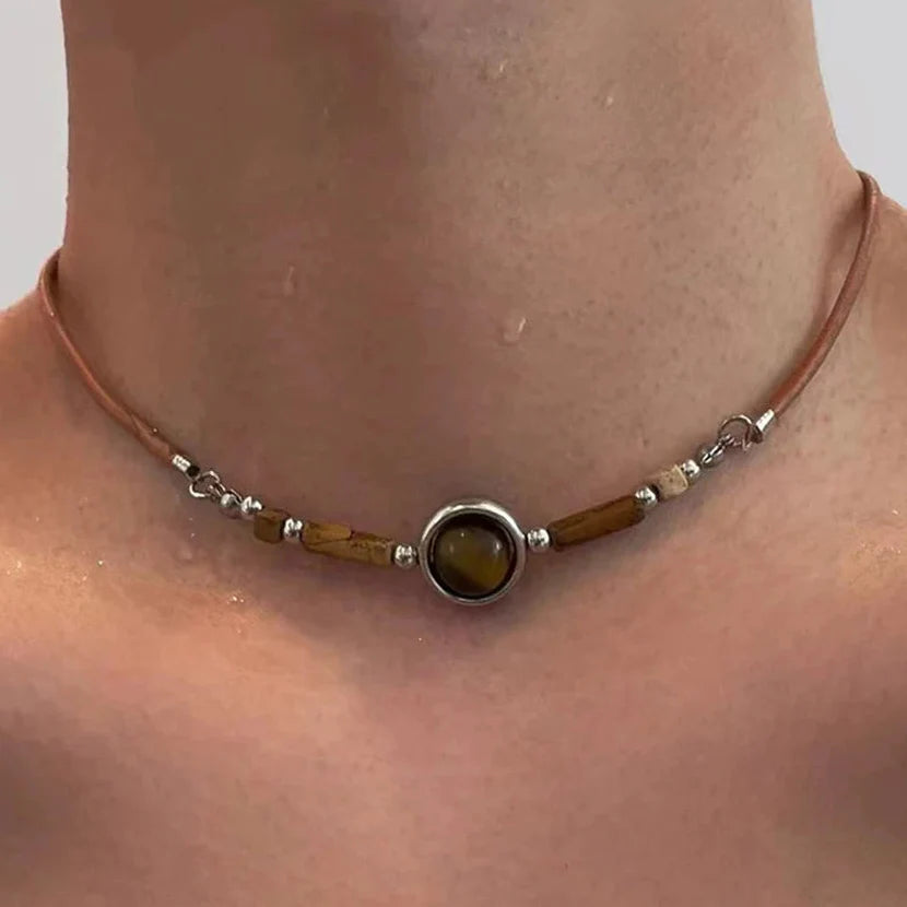 Collier Pendentif Ras de Cou Oeil de Tigre