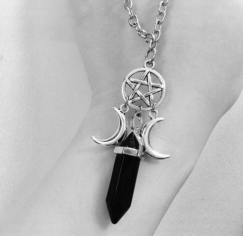 Halskæde Vedhæng Triple Måne Trolddom Wiccan Kvinde Sort Pentagram