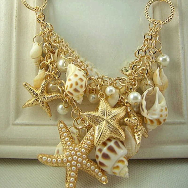 Collier Pendentifs Coquillages Etoiles de Mer Conques et perles