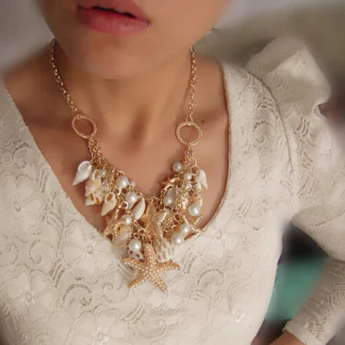 Collier Pendentifs Coquillages Etoiles de Mer Conques et perles