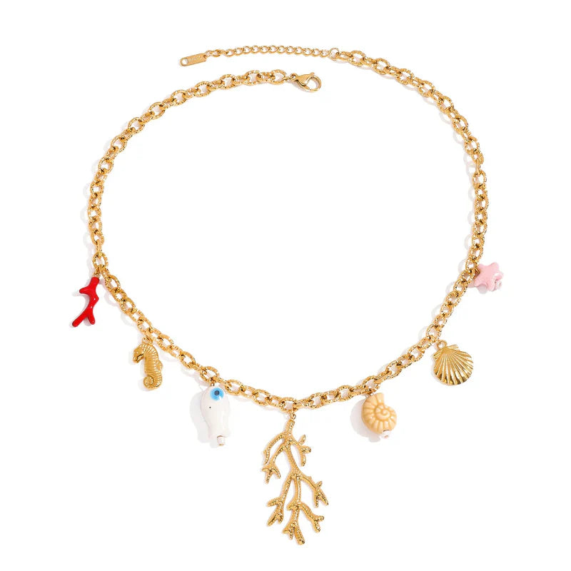 Collier Ras de Cou avec Pendentifs Corail et Coquillages Femme