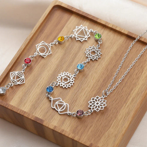 Choker Halskæde Vedhæng med Zirkon Sten 7 Chakras sølv