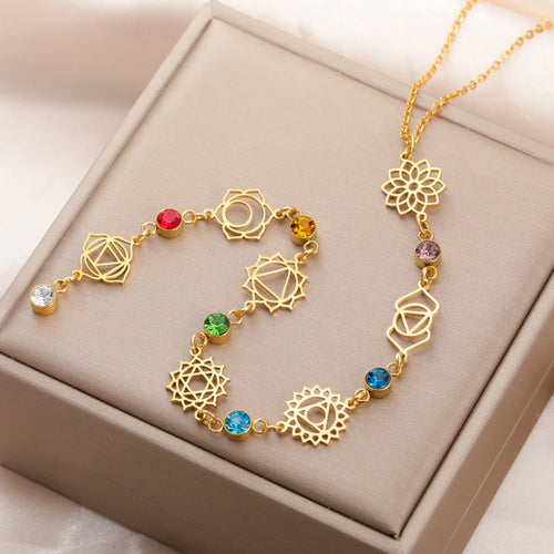 Choker Halskæde Vedhæng med Zirkon Sten 7 Chakras guld