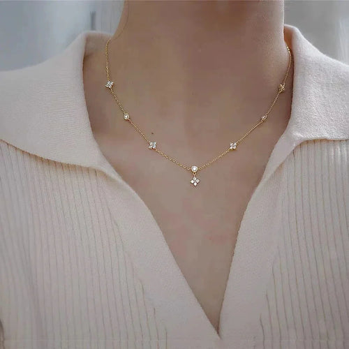 Choker Halskæde med Blomster Vedhæng i Zircon Guld