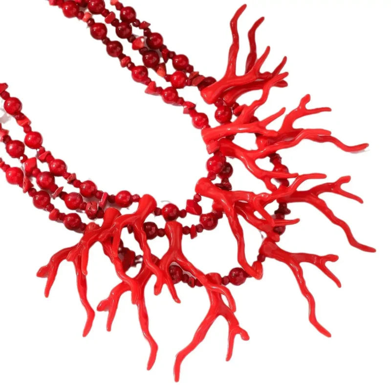 Collier Triple Rang Ras de Cou Corail rouge