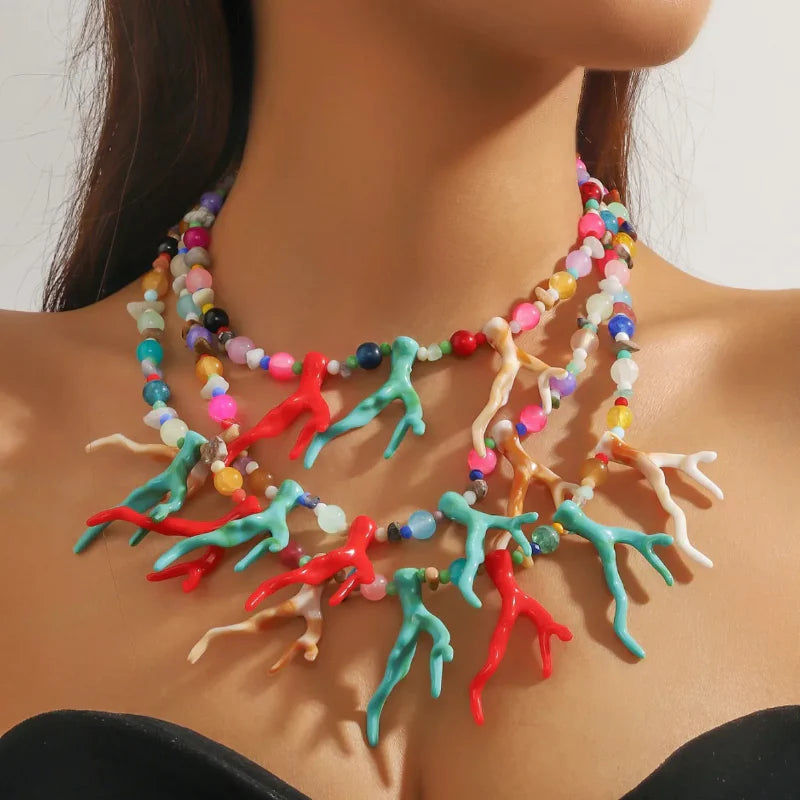 Collier Triple Rang Ras de Cou Corail Multicolore