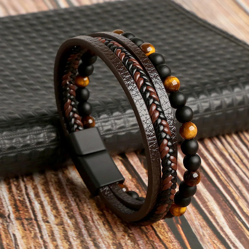 Bracelet en Cuir Homme Oeil de Tigre noir
