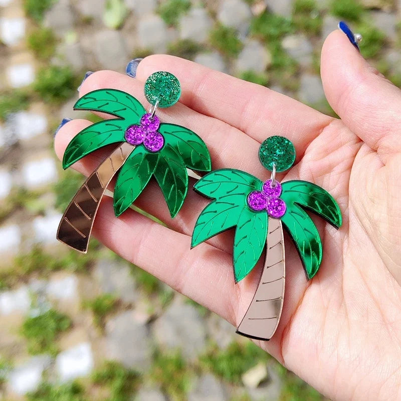 Stora färgglada örhängen med grön palm
