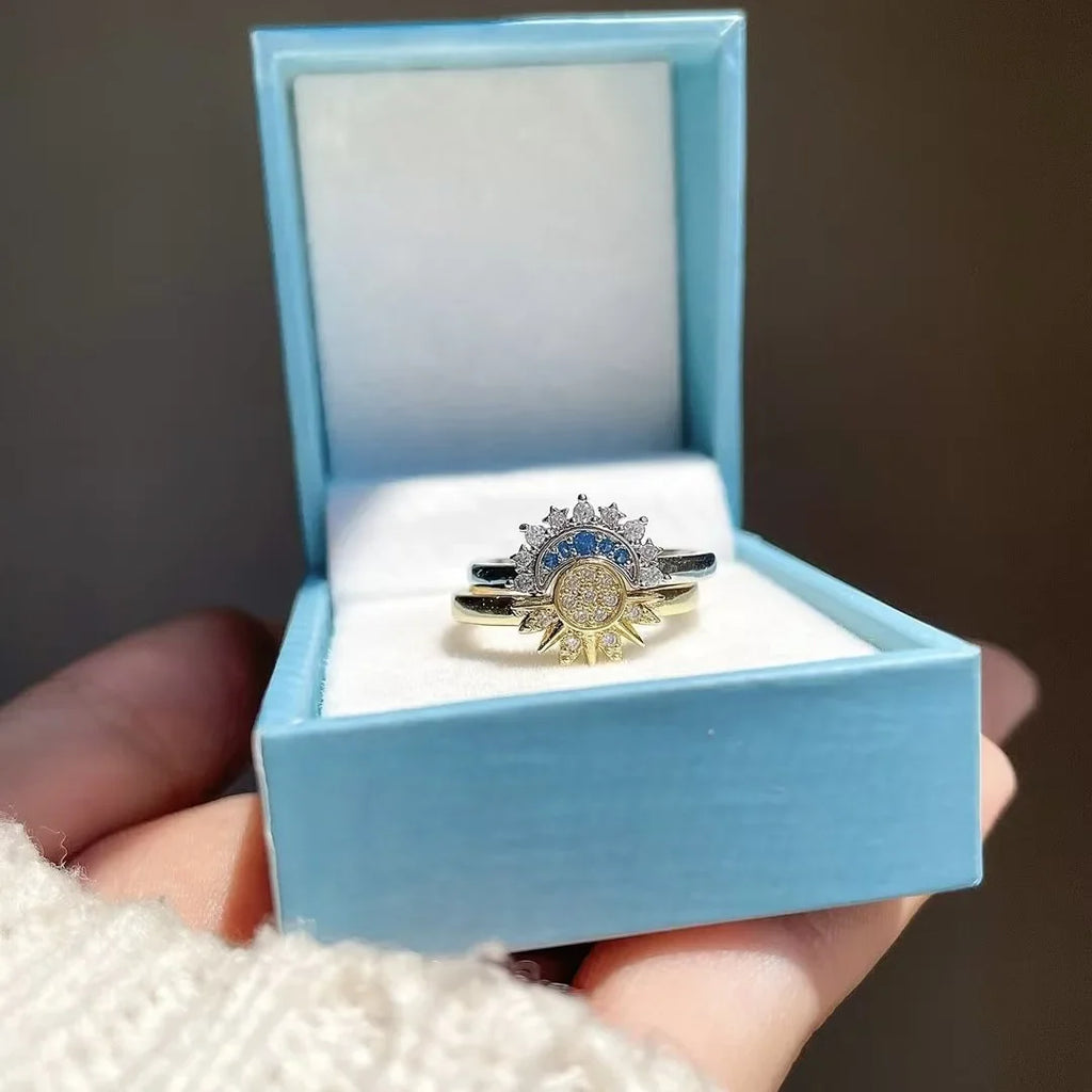 Lot de 2 Bagues Lune ou Soleil en Zircon pour Couple