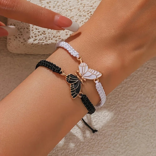 Sæt med 2 Sommerfuglevinge Armbånd til Bedste Venner sort og hvid