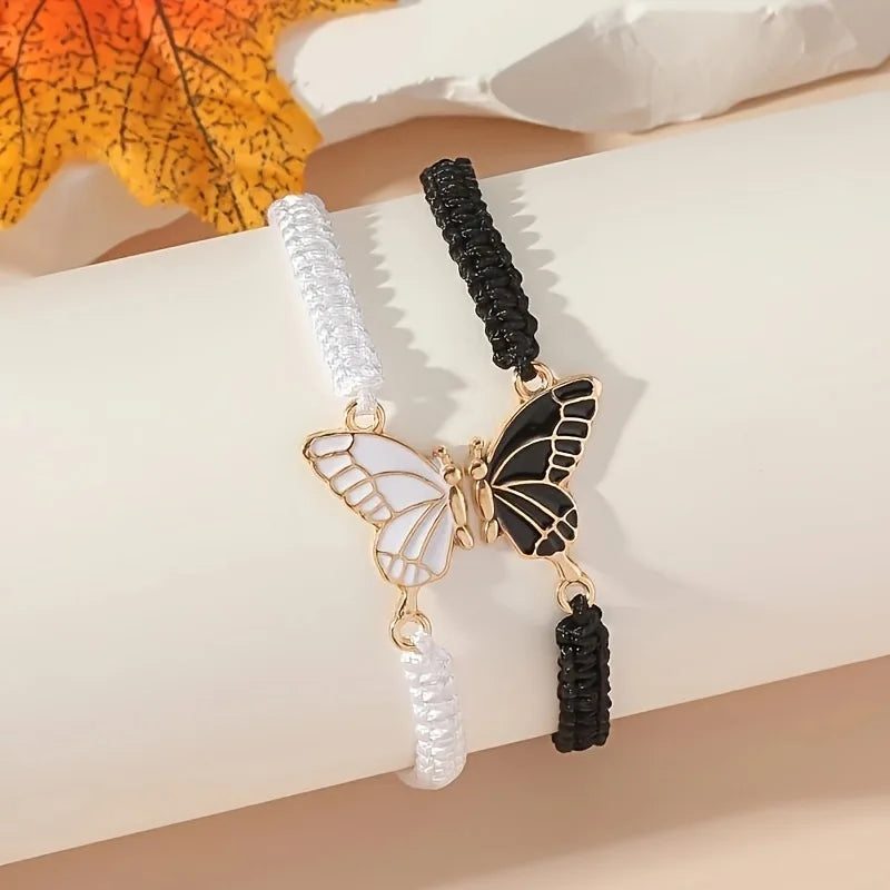 Lot de 2 Bracelets Aile de Papillon pour Meilleurs Amis noir et blanc