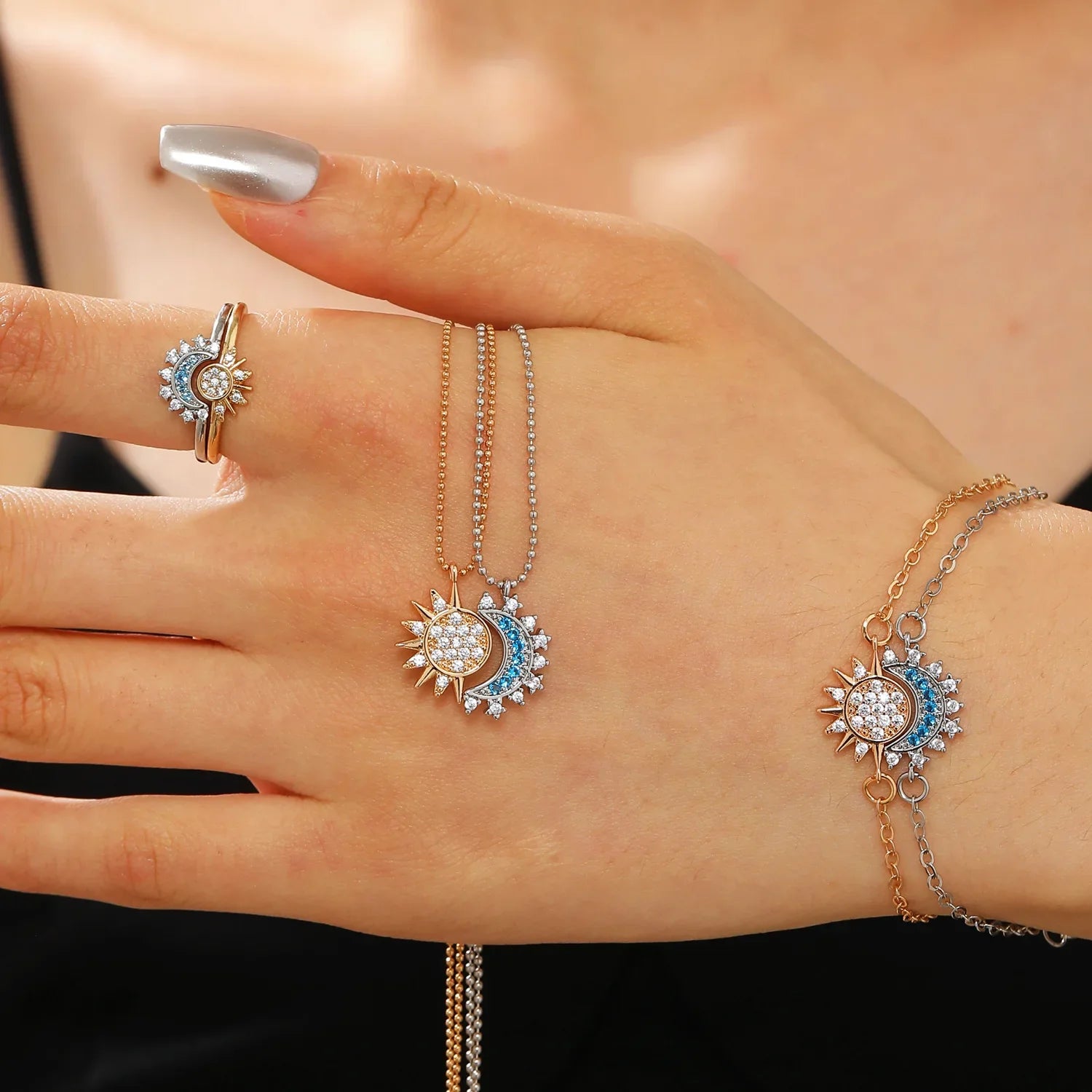 Set med 2 armband Måne eller Sol i zirkon för par